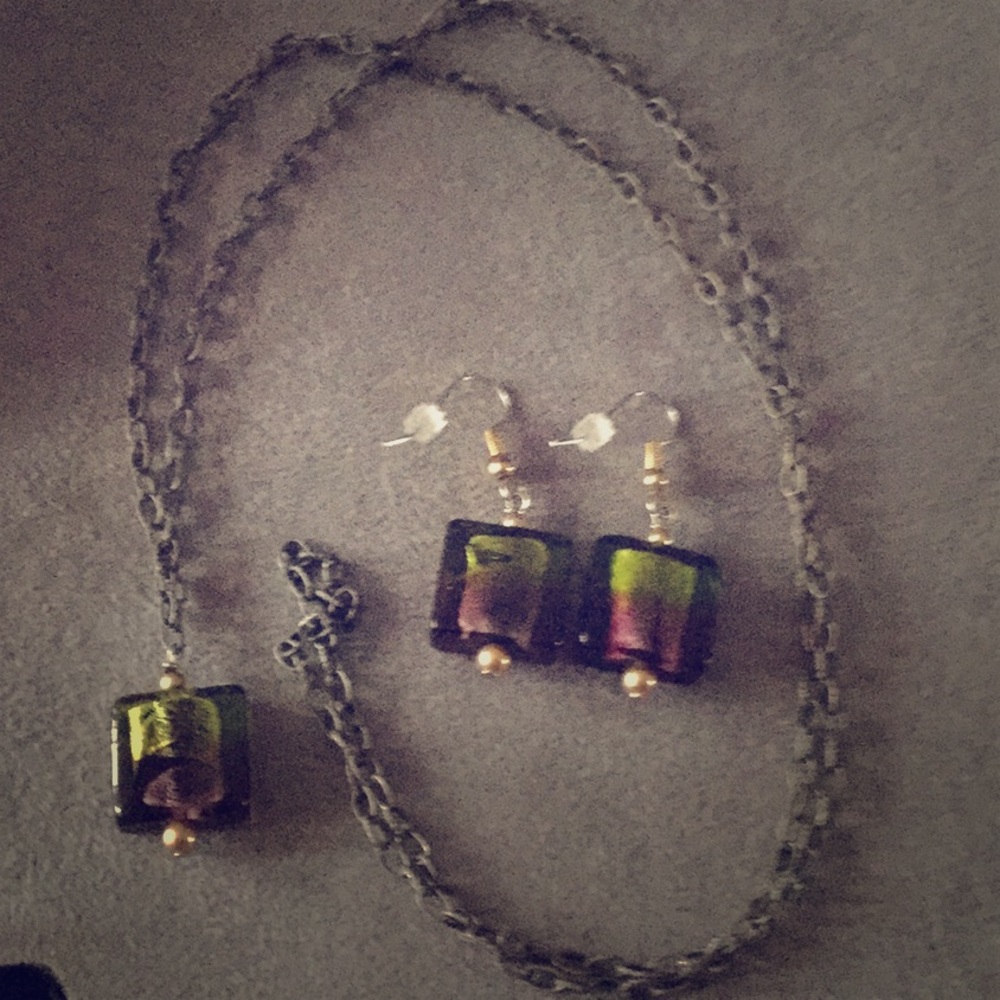 Necklace w/ purp and neon green colored faux stone